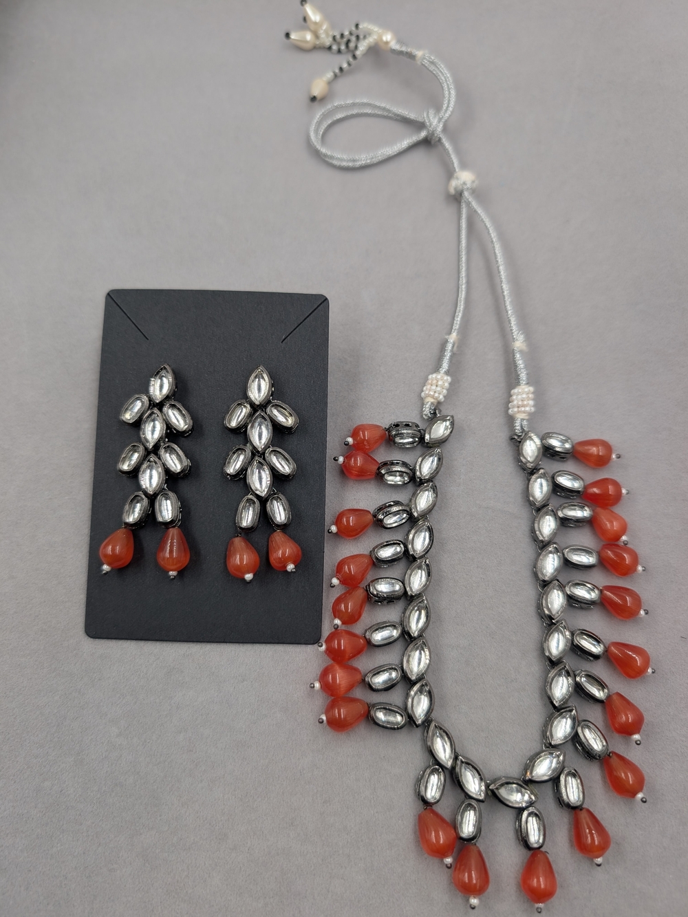 Indian Kundan Style Necklace Earrings Set Silver Tone Orange Beads | 0018